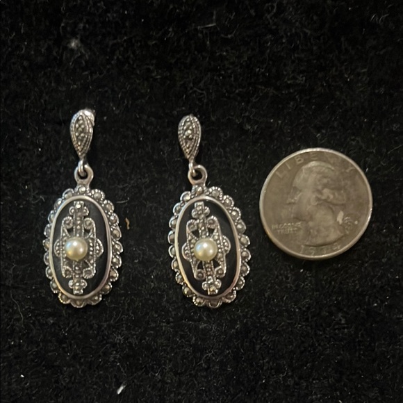 Elegant Silver and Pearl Marcasite and Onyx Drop Earrings - Picture 2 of 8